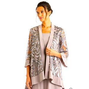 R & M Richards Soutache Taupe Silver Sequins Jacket Women’s 14, Wedding Guest